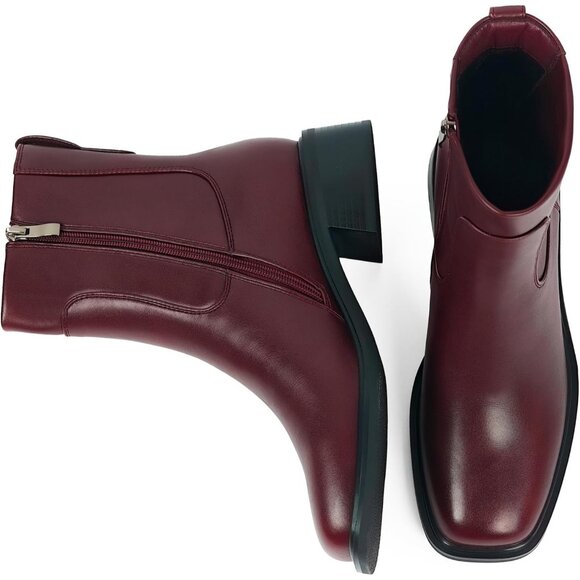 Women's Burgundy Square Toe Chunky Short Booties Fall Boots Side Zipper - Picture 5 of 7